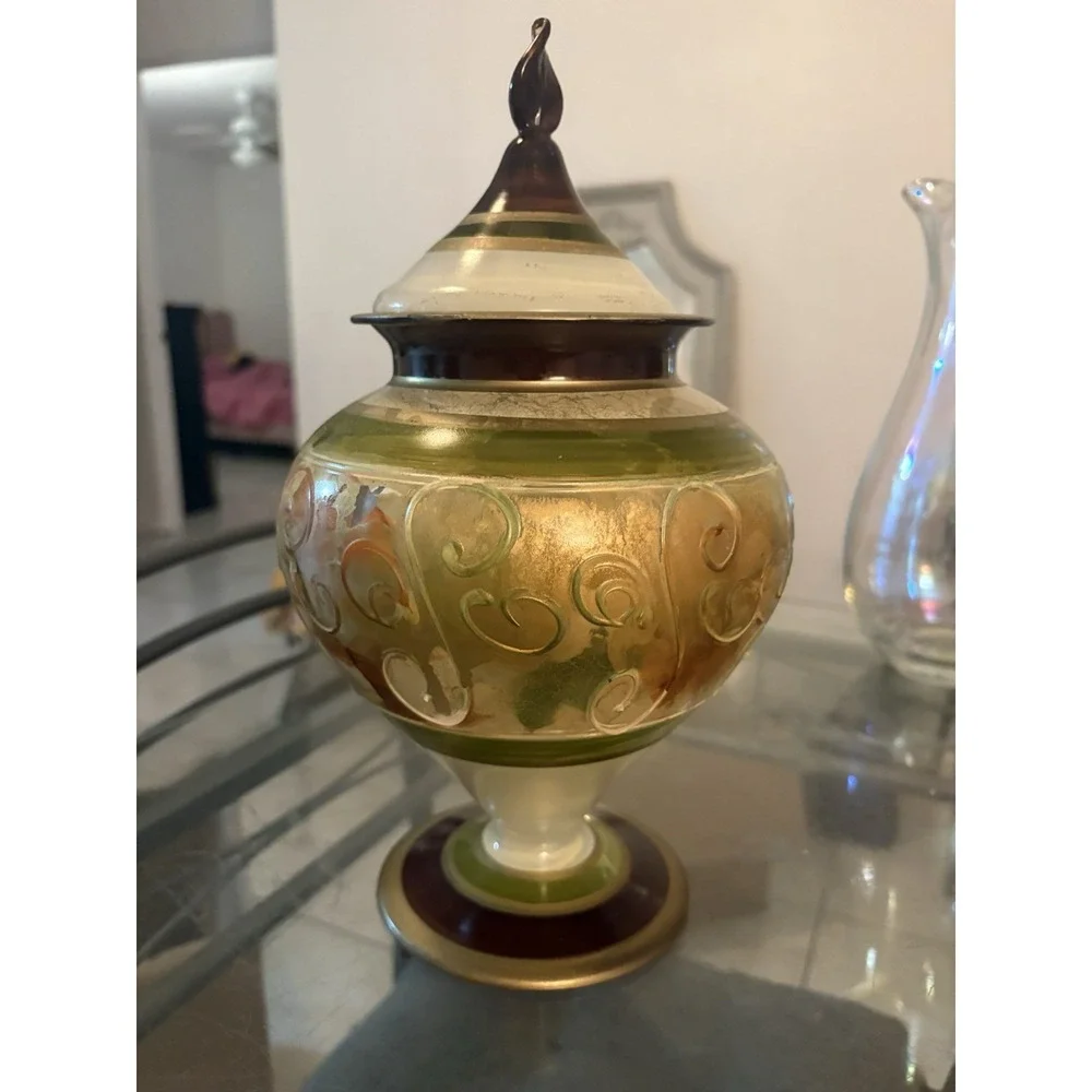 VTG Decorative Glass Urn Jar Pedestal Lid Hand Painted Gold Green Scroll 12